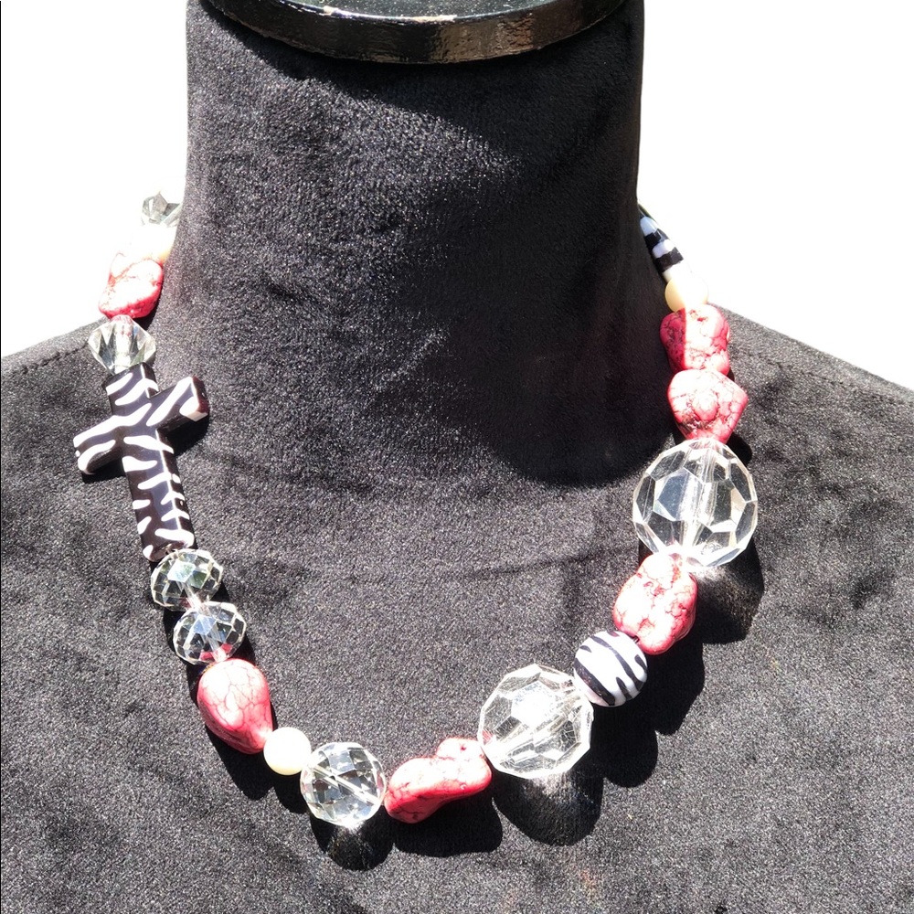 Zebra Religious Cross Bling Statement Collar Necklace - Picture 4 of 9